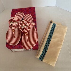 Tory Burch Miller Logo Sandals Size 8 Red And White Thong Flats Authentic